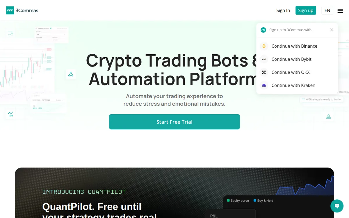 Screenshot: 3Commas homepage