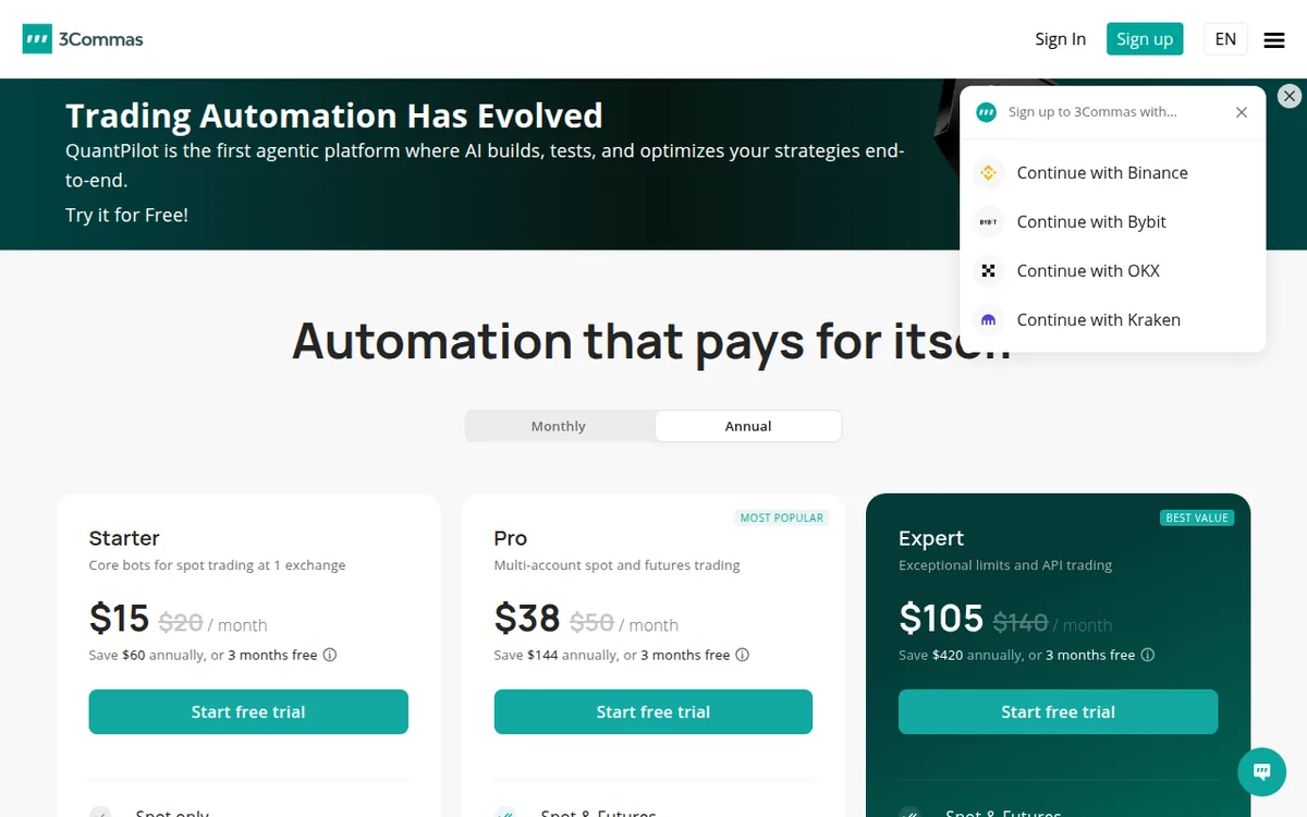 Screenshot: 3Commas pricing page