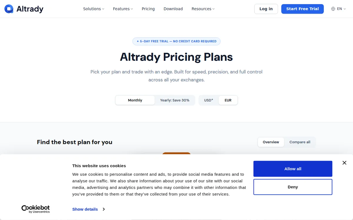 Screenshot: Altrady pricing page