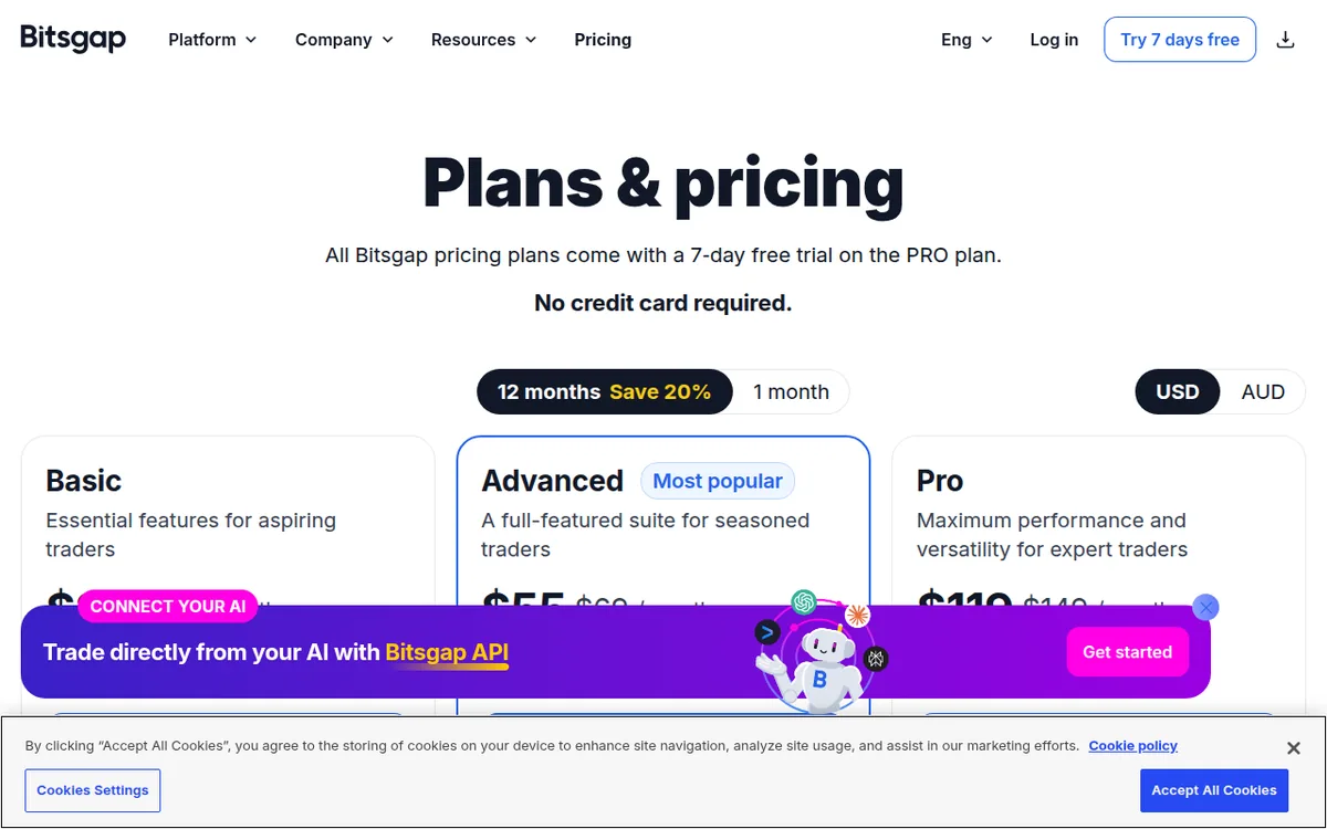 Screenshot: Bitsgap pricing page