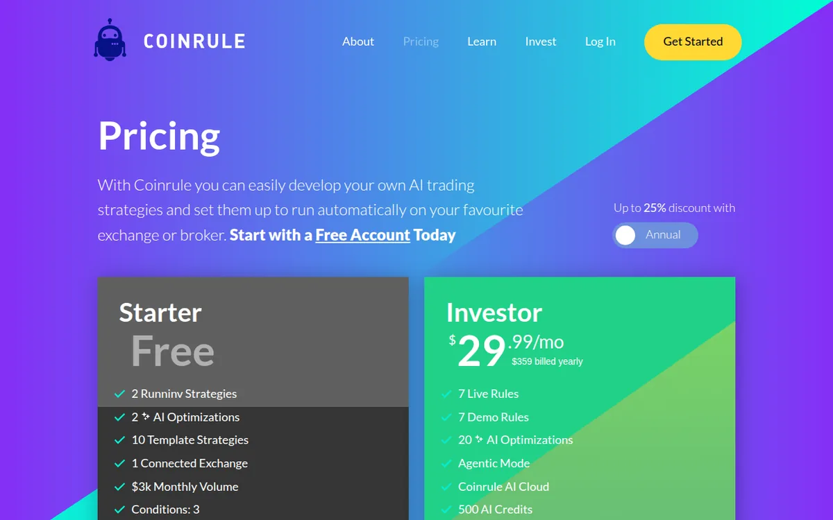 Screenshot: Coinrule pricing page