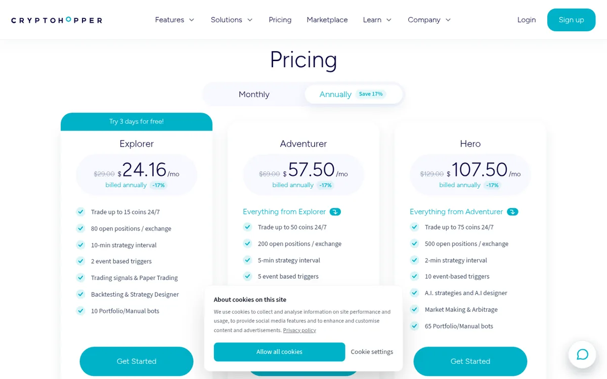 Screenshot: Cryptohopper pricing page