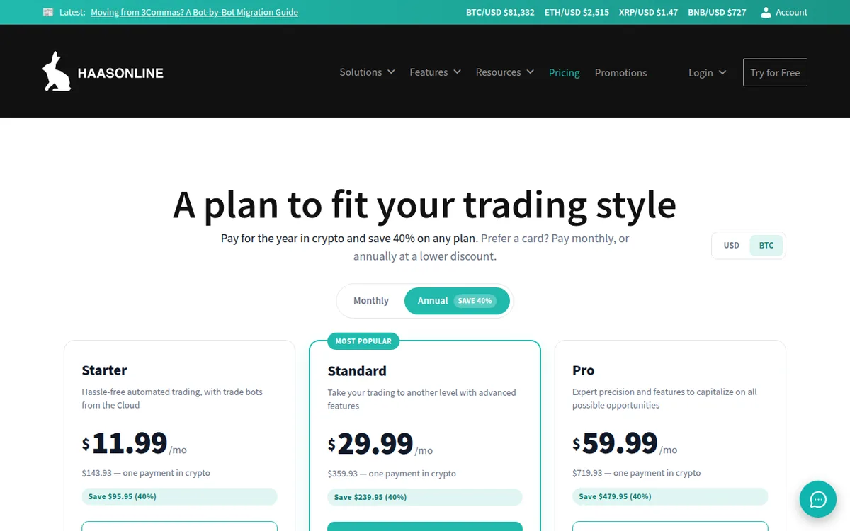 Screenshot: HaasOnline pricing page